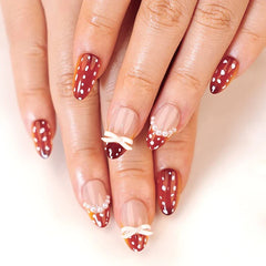 Cyflymder Bowknot Pearl French Brown Wearable Nail Art White Round Polka Dot Fake Nails Detachable Finished False Nails Press on Nails