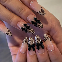 Cyflymder 24Pcs 3D Flower Cherry Chain Press on False Nails Red Leopard Print French Manicure Tips Mid-length Almond Detachable Fake Nails