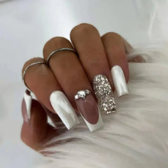 Cyflymder 24pcs Simple French False Nails With Gel White Square Head Fake Nails With Designs Short Press On Nails Natural Artificial Nail