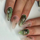 Cyflymder 24Pcs Mid-length Almond Press on False Nails Sun Totem Gilding Design Full Cover Nails Tips Pearl Detachable Finished Fake Nails