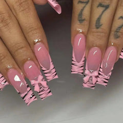 Cyflymder 24Pcs Long Square Head Press on Nails Pink Leopard Print French Design False Nails 3D Bow Detachable Full Cover Fake Nails Tips