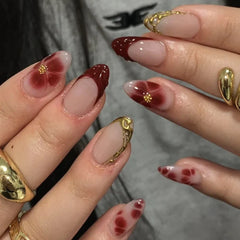 Cyflymder Golden 3D Rose Yellow Halo Dyeing Flower Pearlescent Nail Art Fashion False Nails Detachable Finished Fake Nails Press on Nails