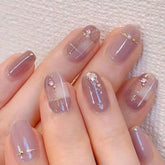 Cyflymder Nude Pink Wearable Nail Tip Art Glitter Powder Pearl Rhinestones Fake Nail Full Finished False Nail Press on Nails Glue Manicure