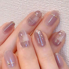 Cyflymder Nude Pink Wearable Nail Tip Art Glitter Powder Pearl Rhinestones Fake Nail Full Finished False Nail Press on Nails Glue Manicure
