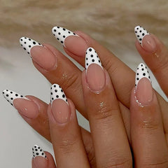Cyflymder 24Pcs Mid-length Almond Press on Fake Nails Blue French Coffee Flower Polka Dot False Nails Art Rhinestone Full Cover Nails Tips