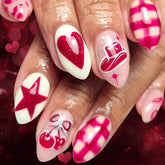 Cyflymder 24Pcs Short Almond Fake Nails Red Love Heart Cherry Star Press on False Nails Shiny Powder Grid Detachable Full Cover Nails Tips