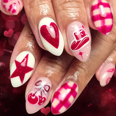 Cyflymder 24Pcs Short Almond Fake Nails Red Love Heart Cherry Star Press on False Nails Shiny Powder Grid Detachable Full Cover Nails Tips