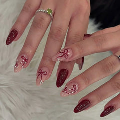 Cyflymder 24Pcs French White Lace Nails Set Press on Bow Flower Pearl Full Cover Fake Nails Tips Mid-length Almond Detachable False Nails