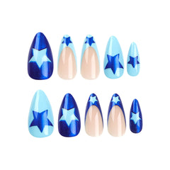Cyflymder Fashion Cool Light Blue Stars Deep Blue Glitter Almond Shape Fake Nails Detachable Finished False Nails Press on Nails with Glue