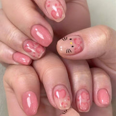 Cyflymder Cute Pink Cat Paw Print Kitten Nail Art Shiny Nude Cat Eye Wearable Fake Nails Detachable Finished False Nails Press on Nails