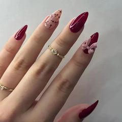 Cyflymder 24Pcs Mid-length French Almond False Nails White Edge Cherry Design Fake Nails Press on For Woman Wearable Full Cover Nails Tips