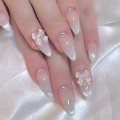 Cyflymder Sweet Pink French Nail Art 3D Bowknot Butterfly Pearl False Nails Fashion Detachable Finished Fake Nails Press on Nail with Glue