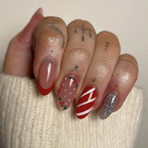 Cyflymder French Red Candy Stripe Silver Glitter Powder Christmas Fake Nails Detachable Finished False Nails Press on Nails with Glue
