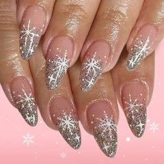 Cyflymder 24Pcs Mid-length Almond Fake Nail Red Striped French Christmas Hat Press on False Nails Snowflake Wearable Full Cover Nails Tips