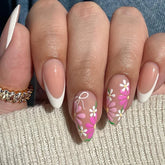 Cyflymder Pink Purple Flowers White Bowknot French Nail Art Summer Fashion Almond False Nail Detachable Finished Fake Nails Press on Nails