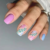 Cyflymder 24Pcs Mid-length Square Head False Nails Press on Simple Flower Leaf Design Full Cover Nails Tips Detachable Finished Fake Nails