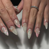 Cyflymder Sweet Pink French Nail Art 3D Bowknot Butterfly Pearl False Nails Fashion Detachable Finished Fake Nails Press on Nail with Glue