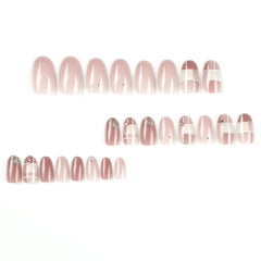 Cyflymder Nude Pink Wearable Nail Tip Art Glitter Powder Pearl Rhinestones Fake Nail Full Finished False Nail Press on Nails Glue Manicure