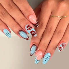 Cyflymder 24Pcs Mid-length Almond Press on Fake Nails Blue French Coffee Flower Polka Dot False Nails Art Rhinestone Full Cover Nails Tips