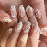 Cyflymder 24pcs White French Almond Press on Nails Flower False Nails Simple Wearable Stick-on Nails Fake Nail 네일팁 Накладные Ногти Uñas