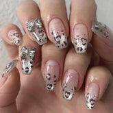 Cyflymder Pink Leopard Print Shiny Cat Eye French Nail Art Silver Metal Bowknot False Nails Detachable Finished Fake Nails Press on Nails