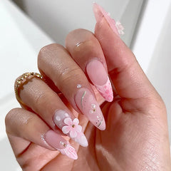 Cyflymder 24Pcs Mid-length Almond False Nails Press on White Polka Dot French Stripe Full Cover Nails Tips Bow Pearl Detachable Fake Nails