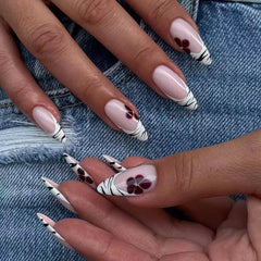 Cyflymder 24Pcs Mid-length Almond Press on Fake Nails Blue French Coffee Flower Polka Dot False Nails Art Rhinestone Full Cover Nails Tips