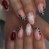 Cyflymder 24Pcs Leopard Print French Full Cover Nails Tips Mid-length Almond Reusable Press on Fake Nails Star Design Wine Red False Nails