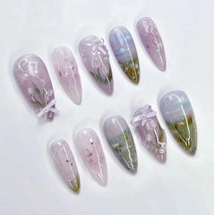 Cyflymder 24Pcs Pink Smudge Press on Fake Nails Mid-length Almond Reusable False Nail Bow Heart Rhinestone Pearl Full Cover Nails Tips Art