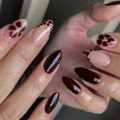 Cyflymder French Halo Dyeing Flowers Petal Almond Nail Art Fall Winter Fashion False Nails Detachable Finished Fake Nails Press on Nails