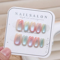 Cyflymder 10Pcs Candy Color Gradient Press Fake Nails Full Cover Cat Magnetic Design French Almond Fake Nails Wearable Manicure Nail Tips