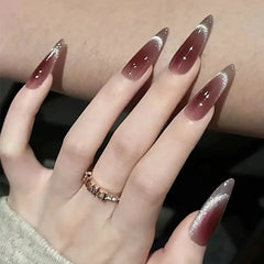 Cyflymder 30Pcs Wine Red Fake Nails With Gradient Print Design Long Stiletto False Nails Wearabe Almond Press on Nails Full Cover Tips