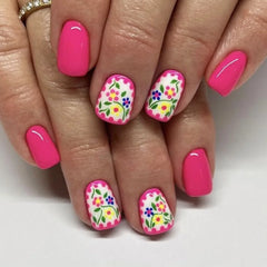 Cyflymder 24Pcs Simple Purple Yellow Flower with Design False Nails Short Square Head Press on Fake Nails Detachable Full Cover Nails Tips