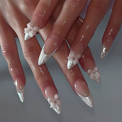 Cyflymder 24Pcs Almond False Nails Cute Strawberries with French Design Simple White Wearable Fake Nails Decoration Press on Nail Tips Art