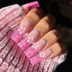 Cyflymder 24Pcs Long Square Head Press on Nails Pink Leopard Print French Design False Nails 3D Bow Detachable Full Cover Fake Nails Tips