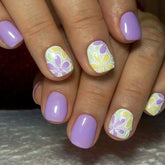 Cyflymder 24Pcs Simple Purple Yellow Flower with Design False Nails Short Square Head Press on Fake Nails Detachable Full Cover Nails Tips