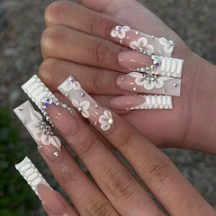 Cyflymder 24pcs White False Nails Long Ballet with French Design Flower Rhinestones Wearable Fake Nails Full Cover Press on Nails Tips Art