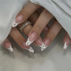 Cyflymder 24Pcs French White Lace Nails Set Press on Bow Flower Pearl Full Cover Fake Nails Tips Mid-length Almond Detachable False Nails