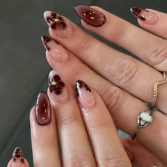 Cyflymder French Halo Dyeing Flowers Petal Almond Nail Art Fall Winter Fashion False Nails Detachable Finished Fake Nails Press on Nails