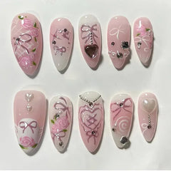 Cyflymder 24Pcs Almond False Nails Cute Strawberries with French Design Simple White Wearable Fake Nails Decoration Press on Nail Tips Art