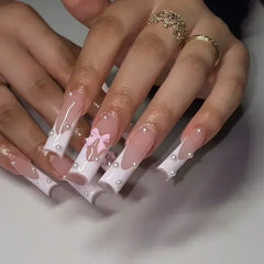 Cyflymder 24pcs White False Nails Long Ballet with French Design Flower Rhinestones Wearable Fake Nails Full Cover Press on Nails Tips Art