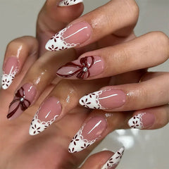 Cyflymder 24Pcs French White Lace Nails Set Press on Bow Flower Pearl Full Cover Fake Nails Tips Mid-length Almond Detachable False Nails