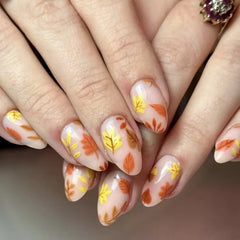 Cyflymder 24Pcs Golden Stripe Design Fake Nails Red Flower Grass Wearable Press on False Nails Art Mid-length Almond Full Cover Nails Tips