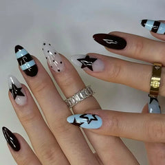 Cyflymder 24Pcs Mid-length Almond Press on Fake Nails Blue French Coffee Flower Polka Dot False Nails Art Rhinestone Full Cover Nails Tips