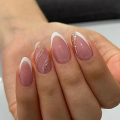 Cyflymder 24Pcs Almond False Nails Cute Strawberries with French Design Simple White Wearable Fake Nails Decoration Press on Nail Tips Art