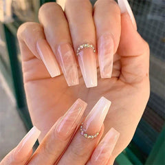 Cyflymder 24Pcs Long Square False Nails Simple White French Fake Nails Wearable Ballet Coffin Full Cover Nail Tips ABS Press on Nails