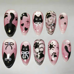Cyflymder 24Pcs Mid-length Almond Fake Nails Cat's Eye Black Cat Bow Press on False Nails Heart Rhinestone Reusable Full Cover Nails Tips