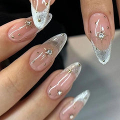 Cyflymder 24Pcs Mid-length Almond Press on False Nails White Gradient Bow Star Love Heart Fake Nails Pearl Reusable Full Cover Nails Tips
