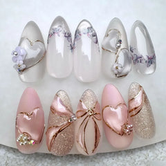 Cyflymder 24Pcs Mid-length Almond Fake Nails Cat's Eye Black Cat Bow Press on False Nails Heart Rhinestone Reusable Full Cover Nails Tips