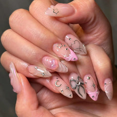 Cyflymder 24Pcs Almond False Nails Cute Strawberries with French Design Simple White Wearable Fake Nails Decoration Press on Nail Tips Art